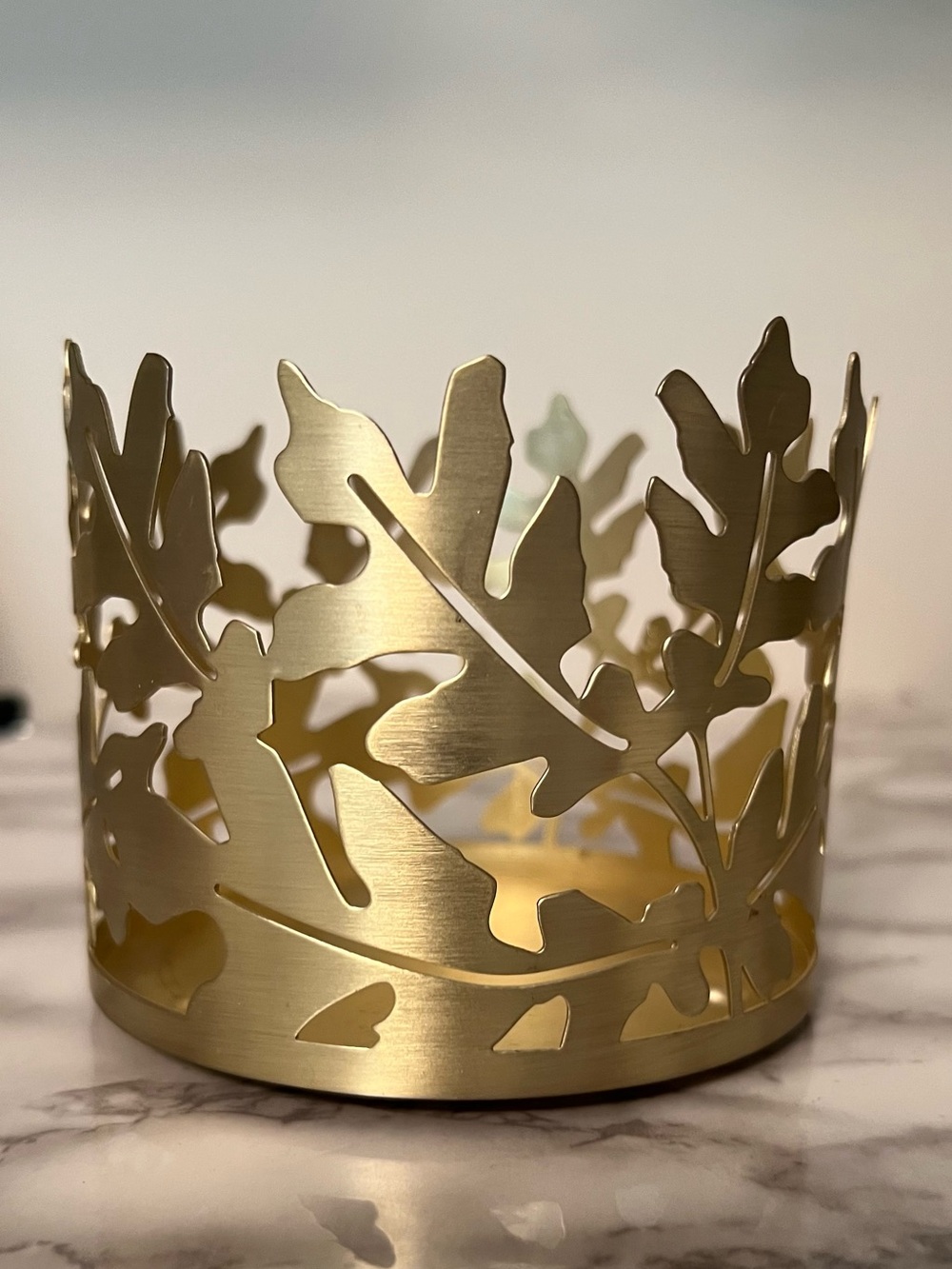 Bath & Body Works Goldtone Autumn Leaves Jar Candle Three Wick Holder